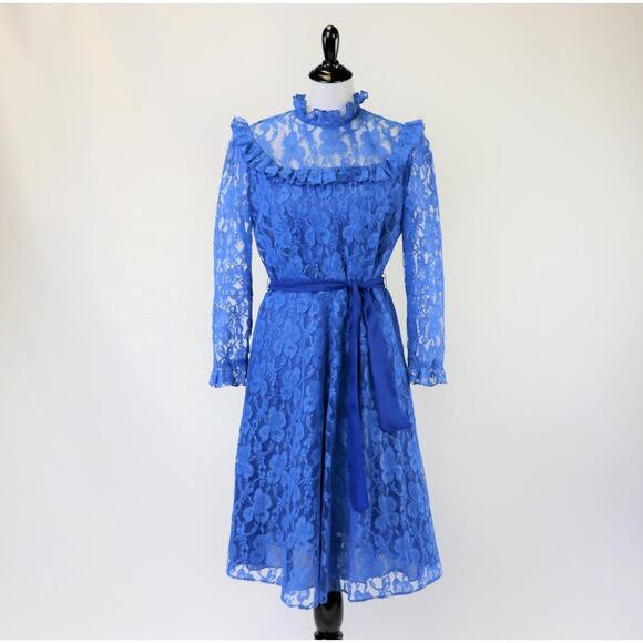 Vintage Cobalt Blue Lace Dress with Lace Ruffled Neckline/Cuffs Med/Large - Picture 2 of 8
